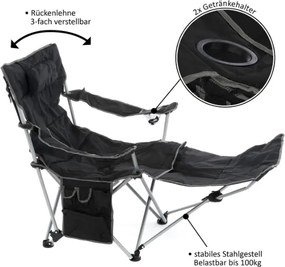 Krzesło kempingowe ze zdejmowanym podnóżkiem, czarne