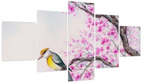 Obraz - ptak na drzewie z różowymi kwiatami (125x70 cm)