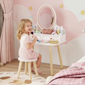 AIYAPLAY Dziecięcy Stolik do Makijażu Zestaw z Taboretem Lustrem Szufladami Drążkami na Ubrania dla 3-8 Lat 56 x 38 x 87,8 cm Biały | Aosom PL