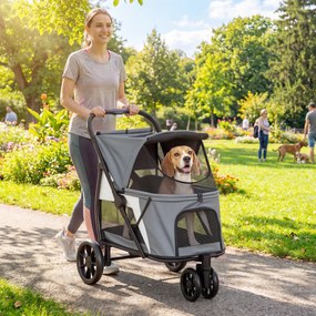 PawHut Wózek dla psa składany z zmywalną poduszką, oknami z siatki, 3 kołami, dla średnich psów do 20 kg, szary | Aosom PL