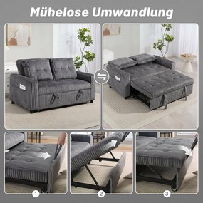 HOMCOM Sofa-łóżko 2-osobowa, pokrycie ze sztruksu, przekształcalna w sofę rozkładaną, 2 poduszki, kieszenie boczne, 157 x 190 cm, ciemnoszara | Aosom PL