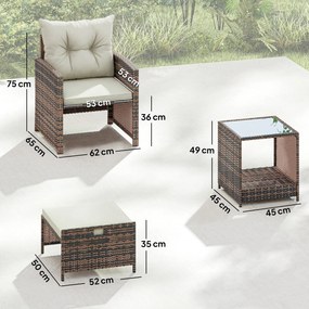 Outsunny Rattanowy zestaw mebli ogrodowych 5-częściowy zestaw balkonowy z 2 krzesłami, poduszkami, podnóżkami, stołem i schowkiem, kremowy | Aosom PL