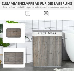 HOMCOM 100L Kosz na pranie z 3 uchwytami, z pralnym workiem na pranie, Bambus, Poliester, Bawełna, Metal, 52 x 32 x 63 cm, Szary