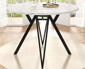 Okrągły stół jadalniany - Metalowa rama - Okleina o wzorze marmuru - Dla 4 osób - MDF - Biały i Czarny