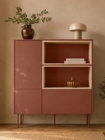 Komoda wysoka Desin 120 cm dwudrzwiowa z szufladą i wnękami - czerwony / ceramic red / dąb nagano