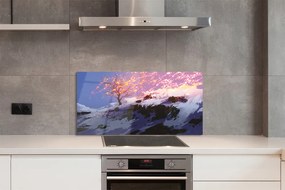Panel szklany do Kuchni Zimowy Krajobraz z Drzewem i Górami