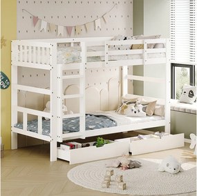 Łóżko piętrowe dla dzieci 90×200 cm z litego drewna z szufladami – Możliwość rozdzielenia na 2 pojedyncze łóżka