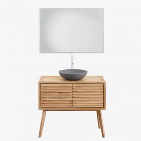 Zestaw Mebli Łazienkowych 90x45 Cm Z Drewna Deleyna Naturalna & Okrągły Szary Cement Ø40 Cm Tarsis & Prostokątna Lampa Led I Przeciwmgielna 100x70 Cm