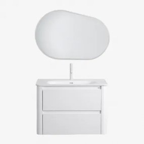 Zestaw Mebli Łazienkowych Z Drewna Z Wbudowaną Umywalką Egerton Biała & Owalna Lampa Led I Przeciwmgielna 100x80 - Sklum