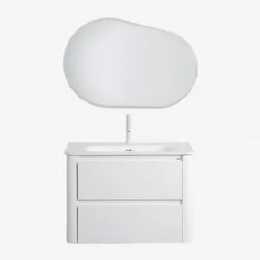 Zestaw Wiszących Mebli Łazienkowych 80x50 Cm Z Drewna Zintegrowany Z Umywalką Egerton Biała & Owalna Lampa Led I - Sklum