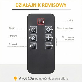 HOMCOM Elektryczny kominek z efektem płomienia 3D LED, zdolność grzewcza 30 m², pilot, Biały/Czarny