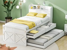 Łóżko piętrowe z litego drewna - 90x190cm - z 2 szufladami i portem USB na półce - Białe