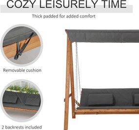 Outsunny Huśtawka Ogrodowa z Funkcją Łóżka 3-osobowa, Huśtawka z Drewna Modrzewiowego z Regulowanym Dachem Przeciwsłonecznym, Ławka Huśtawka Obciążenie 250kg, 225,5 x 113 x 180 cm Szary+Teak | Aosom PL