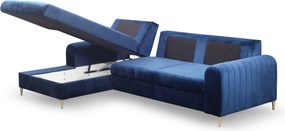 Masseno Narożnik VERONA z funkcją spania i pojemnikiem na pościel Narozniki L, Rozkładana sofa - Niebieski, VELLUTO NAVY 25