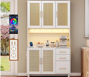 Kredens kuchenny 100×40×183 cm - z USB i gniazdkiem - z oświetleniem LED - 5 drzwi i 3 szuflady - biały+naturalny