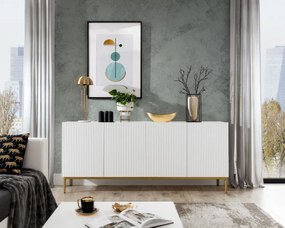 Komoda Nicole 200 cm czterodrzwiowa z ryflowanym frontem - biały mat / złote nóżki