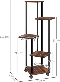 Outsunny Stojak na Kwiaty z 5 Półkami, Pięcioetapowy Stojak na Rośliny, Design Przestawny, Łatwy do Przemieszczenia, Drewno, Stal