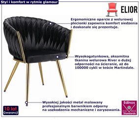 Czarne welurowe krzesło glamour z podłokietnikami D9-L38