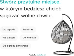 Fotel wiszący czarny KOKON bez stojaka, poduszka biało-szara