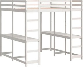 Białe łóżko na antresoli z podwójnym biurkiem 140x200 E0-K86
