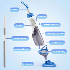 Outsunny Odkurzacz basenowy, bezprzewodowy, z regulowanym drążkiem 63-150 cm i szczotkami, do małych basenów, jacuzzi i stawów | Aosom PL