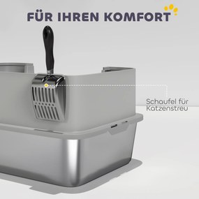 PawHut Kuweta ze stali nierdzewnej – otwarta kuweta z łopatką, wysokim brzegiem i matą dla kotów do 7 kg, 60,2 x 40,2 x 29,5 cm, Szary | Aosom PL