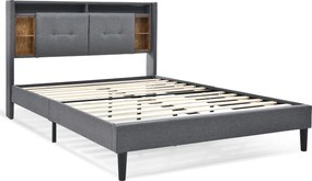 Łóżko tapicerowane 140 x 200 cm z wezgłowiem - USB i LED - Tkanina lniana - szare + Materac