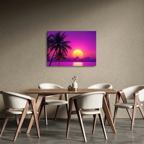 Obraz na szkle - Fioletowy zachód słońca z palmą (70x50 cm)