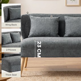 HOMCOM 2-osobowa sofa, mała sofa z chenille, oparcie skrzydłowe, grube siedzisko, nogi z drewna kauczukowego, szara | Aosom PL