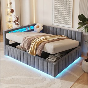 Sofa rozkładana 140x200 cm z pojemnikiem, oświetleniem LED i portem USB – szary aksamit (bez materaca)