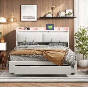 Łóżko z pojemnikiem 160x200 cm Biały Aksamit z LED, Portami USB, Hydraulicznym Schowkiem i Wbudowaną Szufladą – Styl Skandynawski
