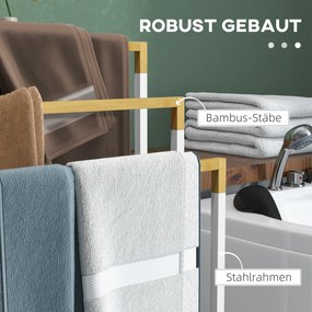 kleankin Zestaw Stojaków na Ręczniki 3 Drążki, Design Przemysłowy, Bambus, 45 x 22,5 x 86 cm, Biały + Natur