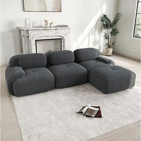 Modułowa sofa narożna 3-osobowa - z Welur - z 3 poduszkami i pufą - 298x178x75cm - Szary