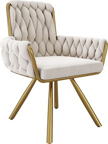 Zestaw 6 aksamitnych krzeseł z wysokim oparciem, podłokietnikami i obrotowymi 360°, metalowe nogi – beżowy