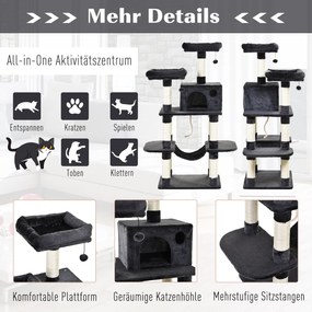 PawHut Drapak dla kota, domek dla kota, z hamakiem i sizalowymi słupkami, pluszowa piłka, plusz, ciemnoszary