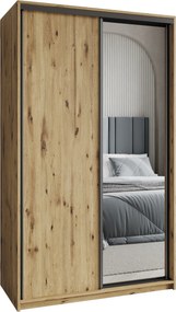 Szafa Przesuwna TAVI 120 cm z Lustrem Szafa Dwudrzwiowa z Szufladami Dąb Artisan / Czarne Profile