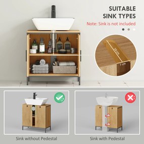 HOMCOM szafka pod umywalkę, szafka z 2 drzwiami, regulowana półka, 60x30x60 cm szafka łazienkowa z ramą stalową, do umywalek bez podstawy, Dąb