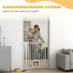 PawHut Bramka zabezpieczająca drzwiowa z drzwiczką dla kota, bez wiercenia, 75-85 cm ze stali dla psów, schody, drzwi, Weiß | Aosom PL