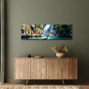 Obraz - Wodny śródziemnomorski krajobraz z łodzią (170x50 cm)