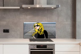 Szkło do Kuchni na Ścianę Kobieta w Okularach i Czerwonych Ustach