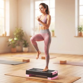 SPORTNOW Deska do stepu regulowana Fitness Aerobic Stepper 2 poziomy (11/16 cm) 2 taśmy oporowe, mata antypoślizgowa Różowy | Aosom PL