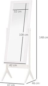Lustro Stojące HOMCOM Duże do Makijażu Podwyższone Nóżki Łatwa Pielęgnacja MDF Biały 47x46x148cm | Aosom PL