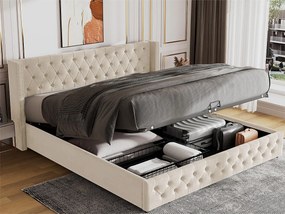 Łóżko z pojemnikiem 140 x 200 cm, łóżko dwuosobowe tapicerowane aksamitem, dekor z nitami i guzikami, stelaż z listew, styl Chesterfield, beżowe