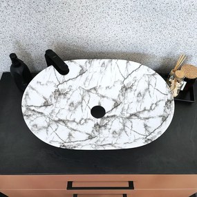 Umywalka  ceramiczna nablatowa owalna marmurowa biała bez otworu na baterię 60 x 42 cm MARMO White
