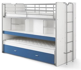 Biało-niebieskie piętrowe łóżko dziecięce z wysuwanym łóżkiem, schowkiem i stelażem 90x200 cm Bonny – Vipack