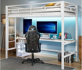 Łóżko mezzanine 90x200 cm - z barierkami - z drabiną - stół z USB i gniazdami - oświetlenie LED przewodowe - metal - biały (materac nie jest w zestawie)