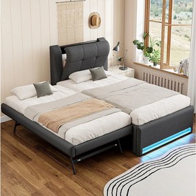 Łóżko dziecięce tapicerowane - 90 x 200 cm - z łóżkiem wysuwanym 90 x 190 cm (rozkładane lub na płasko) + LED - len + płyta MDF - szare