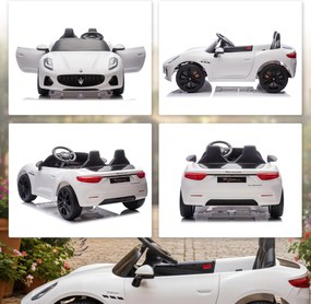 AIYAPLAY Maserati elektryczny samochód dla dzieci, 2-osobowy, zasilanie 12V, pilot, światła LED, funkcja muzyczna, Biały