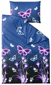 PrzytulneMieszkanie.pl PrzytulneMieszkanie.pl PrzytulneMieszkanie.pl Zestaw 2 sztuk pościeli z mikropluszu VIOLET BUTTERFLY ciemnoniebieskie + prześcieradło z mikropluszu SOFT 180x200 cm białe, podwójne łóżko