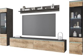 Zestaw mebli do salonu z LED 4 elementy – szafka RTV 180 cm, 2 witryny i półka, stojąca lub wisząca, korpus antracyt, fronty kasztan mat